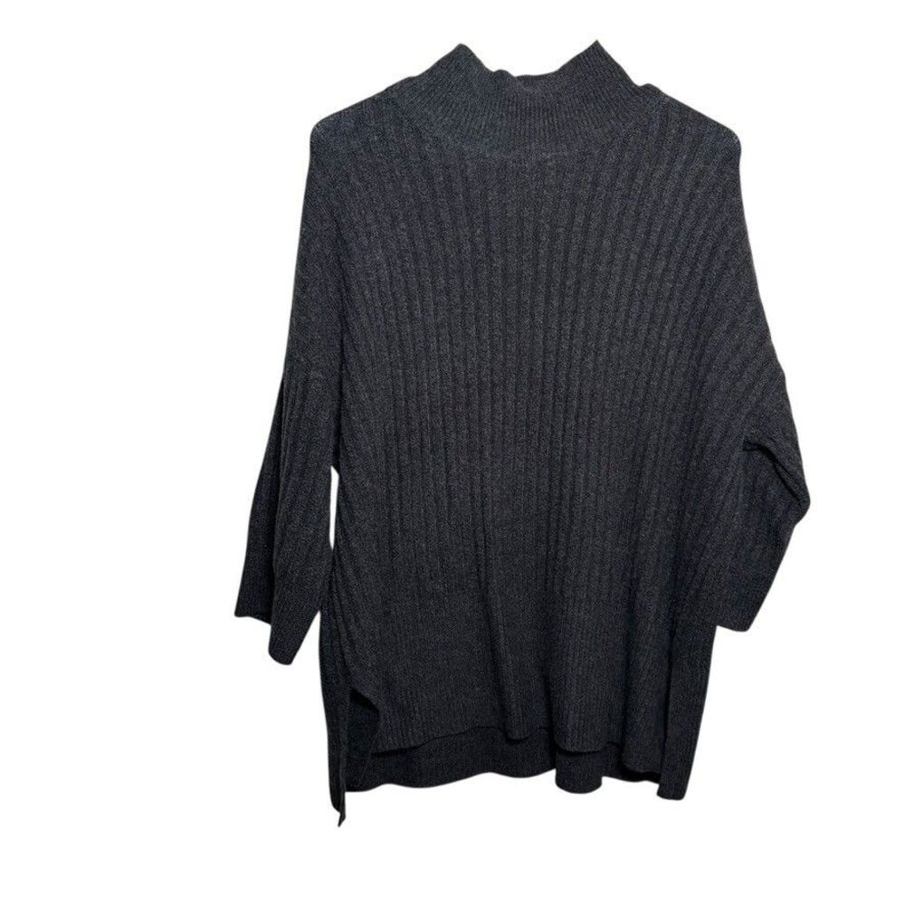 Loft Sweater Women's XS Gray Ribbed 3/4 Sleeve Mock Neck Knit Pullover Slouchy
